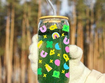 Charms Drinking glass with lid and straw glass can shaped cup glass tumbler reusable cute cups for iced coffee,tea,soda,cocktail,gift ideas
