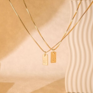 Dainty Initial Tag Necklace by Caitlyn Minimalist • Custom Engraved Letter Pendant Necklace in Box Chain • Bridesmaid Gifts