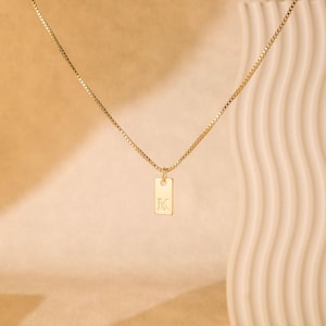 Dainty Initial Tag Necklace by Caitlyn Minimalist • Custom Engraved Letter Pendant Necklace in Box Chain • Bridesmaid Gifts