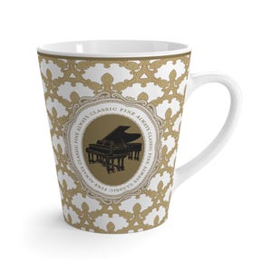 Vibrant Latte Mug Bold Ceramic 12oz - Vintage Royal Maximalist Collection: Grand Piano Latte Mug Heritage Gold, Estate Black & Classic White