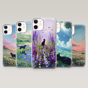 Black Cat-telefoonhoesje Cute Cat Cartoon Cover voor iPhone 16 Pro, 15, 14, 13, 12, Samsung S25, S24FE, S23, S22, A16, A55, A25, Pixel 9
