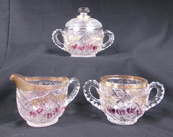 EAPG Northwood CHERRY LATTICE Creamer, Covered Sugar Bowl and Spooner Set Cranberry Flash Gold Trim Embossed Pattern Glass c.1910