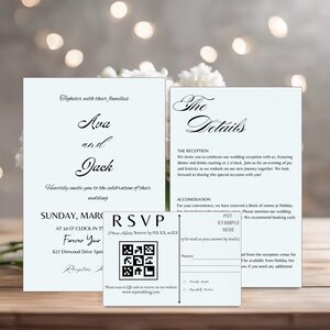 Modelo de Convite de Casamento Canva | Convites Minimalistas com QR Code | Download Instantâneo de Cartões Postais Modernos
