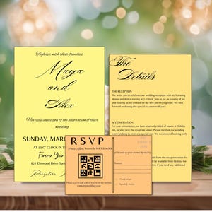 Pacote de convites de casamento minimalistas amarelos com código QR, conjunto de convites modernos amarelos e cartão de detalhes de RSVP online elegante