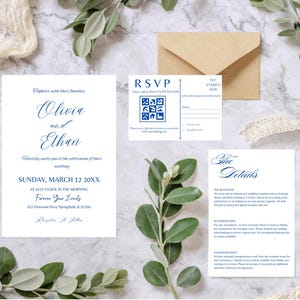 Minimalistische Hochzeitseinladungen mit QR-Code | Sofortiger Download Einladungs-Set, moderne Postkarten-Vorlage Canva