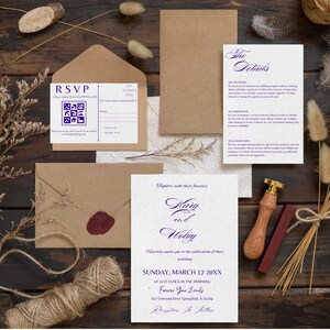 Modelo de conjunto de convites de casamento roxo - Convites minimalistas do Canva com código QR, download instantâneo de conjunto de cartões postais modernos