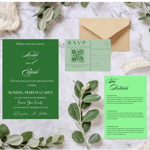 Convites minimalistas verdes com código QR, conjunto de cartões postais para download instantâneo, convites verdes modernos, modelo de conjunto de convites de casamento verdes Canva
