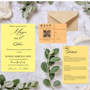 Pacote de convites de casamento minimalista amarelo com código QR, conjunto de convites moderno e cartão de detalhes RSVP elegante
