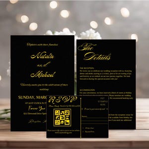 Modèle pour Suite de faire-part de mariage doré en toile avec faire-part noir et or et code QR | Carte postale moderne à téléchargement immédiat