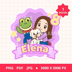 Puede incluir: Ilustración digital que presenta a una niña abrazando a un perro blanco, una rana y el nombre "Elena" en una pancarta. El diseño incluye estrellas, el número 8 y el texto "1 DESIGN". La paleta de colores incluye morado, amarillo y azul.