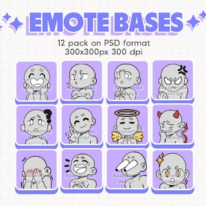 Puede incluir: Impresión de arte digital con doce bases de emoticonos con diversas expresiones, como alegría, enfado y sorpresa. El texto "EMOTE BASES" se muestra en la parte superior, con detalles sobre el formato y el tamaño.