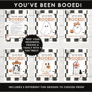 May include: A set of Halloween-themed cards with the text "YOU'VE BEEN BOOED!" and "HAPPY HALLOWEEN!". The cards feature ghost illustrations, spiderwebs, and bats. The cards are designed to be used to "BOO" neighbors, friends, and family with a fun treat.