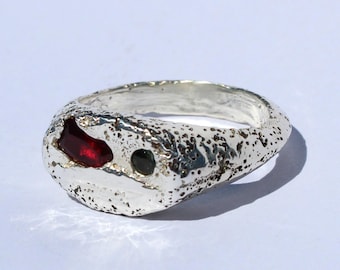 Size 8 Ruby Signet ring, handmade sterling silver. sandcast , organic and textured ocean ring