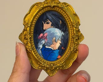 Howl & Sophie original acrylic painting in gold frame /Ghibli mini painting fridge magnet/ Howls moving castle painting