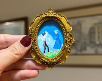 Howl & Sophie original acrylic painting in gold frame /Ghibli mini painting fridge magnet/ Howls moving castle painting
