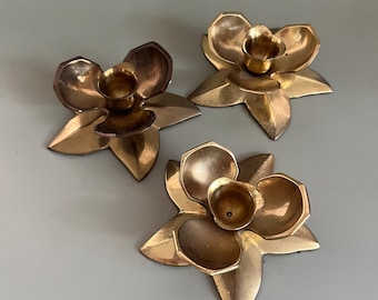 Flower shaped vintage brass candle holders