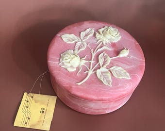 Incolay Rose Music Box: Pink Stone Jewelry Treasure Box