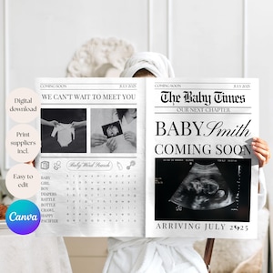 Könnte beinhalten: Eine schwarz-weiße Ankündigung im Zeitungs-Stil für die Ankunft eines Babys. Die Schlagzeile lautet "The Baby Times" mit dem Untertitel "Our Next Chapter". Der Haupttext lautet "Baby Smith Coming Soon" mit dem Datum "July 24, 2025". Unter dem Text ist ein Ultraschallbild zu sehen.