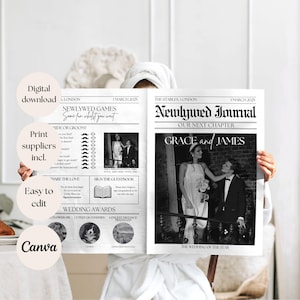 May include: A black and white newspaper style wedding announcement with the headline "Newlywed Journal" and the text "Our Next Chapter" below. The names "Grace and James" are printed in large bold letters below the headline. A black and white photo of the couple is in the lower right corner of the announcement. The text "The Wedding of the Year" is printed below the photo.