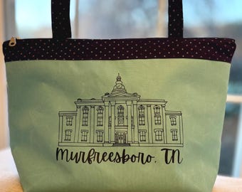 Bolso de mano de Murfreesboro, TN, hecho a mano - Tribunal del condado de Rutherford - Bolso de lona impermeable de Tennessee