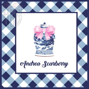 Ginger Jar Aangepaste Mononogrammed Gift Tag, Enclosure Tag, Blue Gingham, Pasen