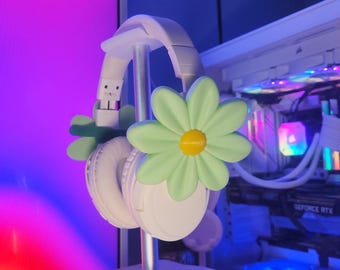 3D Printed Green Flower Headphone Attachment: Gamer Coquette Kawaii Accessory(Pair 2 Flowers)