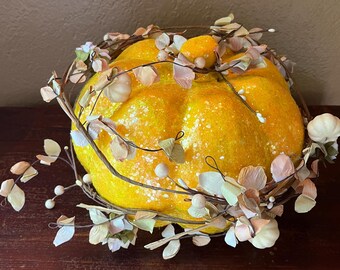 Handmade Yellow Glitter Pumpkin with Floral Garland, Fall Decor