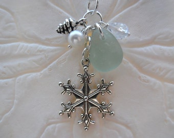 Sea Glass Snowflake Necklace Beach Jewelry Pine Cone Charm Pendant Sea Foam