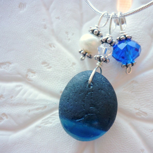 Sea Glass Necklace - Blue Beach Seaglass English Multi Pendant