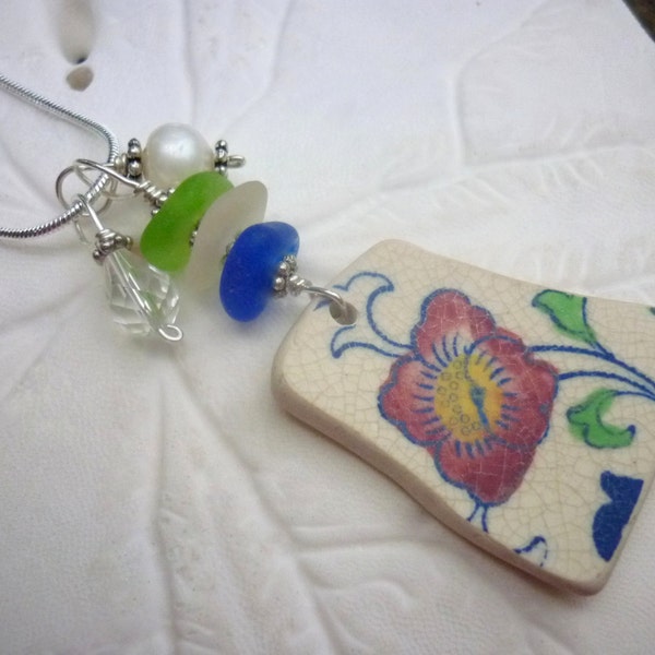 Pottery Sea Glass Necklace Beach Pottery Shard Beach Jewelry Pendant Flower