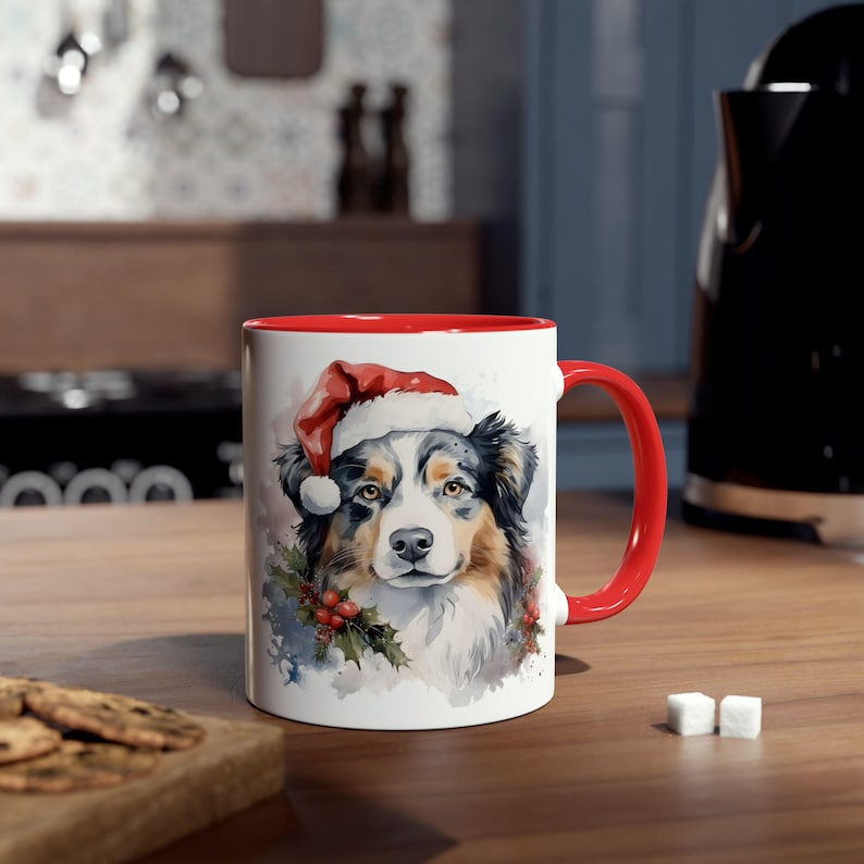 Australian Shepard Dog Christmas Pet 11oz Mug, Holiday Coffee Cup, Christmas Hat Mug, Dog Lover Gift, Animal Ceramic Tea Cup image 1