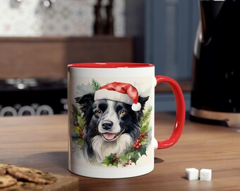 Christmas Border Collie Two-Tone Coffee Mug, Holiday Gift, Unique Mug, Cute Animal Mug, 11oz Cup, Christmas Hat Border Collie Mug