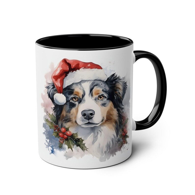 Australian Shepard Dog Christmas Pet 11oz Mug, Holiday Coffee Cup, Christmas Hat Mug, Dog Lover Gift, Animal Ceramic Tea Cup Black