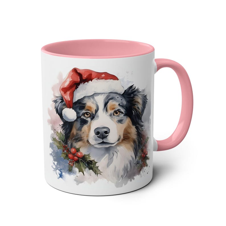 Australian Shepard Dog Christmas Pet 11oz Mug, Holiday Coffee Cup, Christmas Hat Mug, Dog Lover Gift, Animal Ceramic Tea Cup Pink