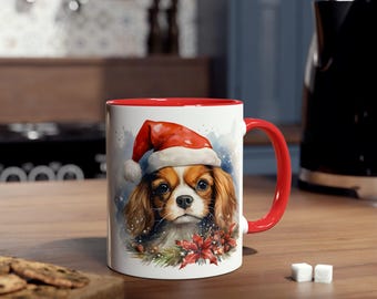 Christmas King Charles Spaniel Dog Two-Tone Coffee Mug, Holiday Gift for Dog Lovers, 11oz Ceramic Cup, Festive Pet Lover Present