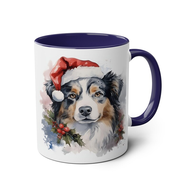 Australian Shepard Dog Christmas Pet 11oz Mug, Holiday Coffee Cup, Christmas Hat Mug, Dog Lover Gift, Animal Ceramic Tea Cup Dark Blue