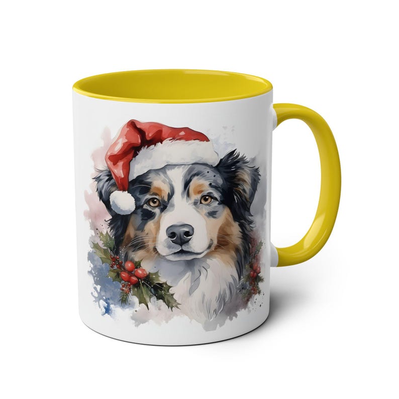 Australian Shepard Dog Christmas Pet 11oz Mug, Holiday Coffee Cup, Christmas Hat Mug, Dog Lover Gift, Animal Ceramic Tea Cup Yellow