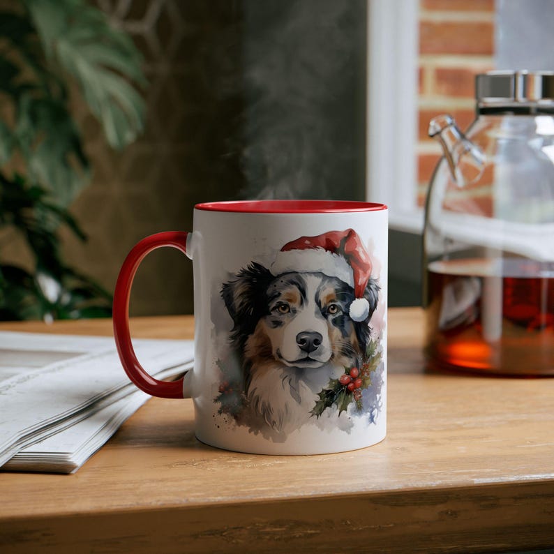 Australian Shepard Dog Christmas Pet 11oz Mug, Holiday Coffee Cup, Christmas Hat Mug, Dog Lover Gift, Animal Ceramic Tea Cup image 2