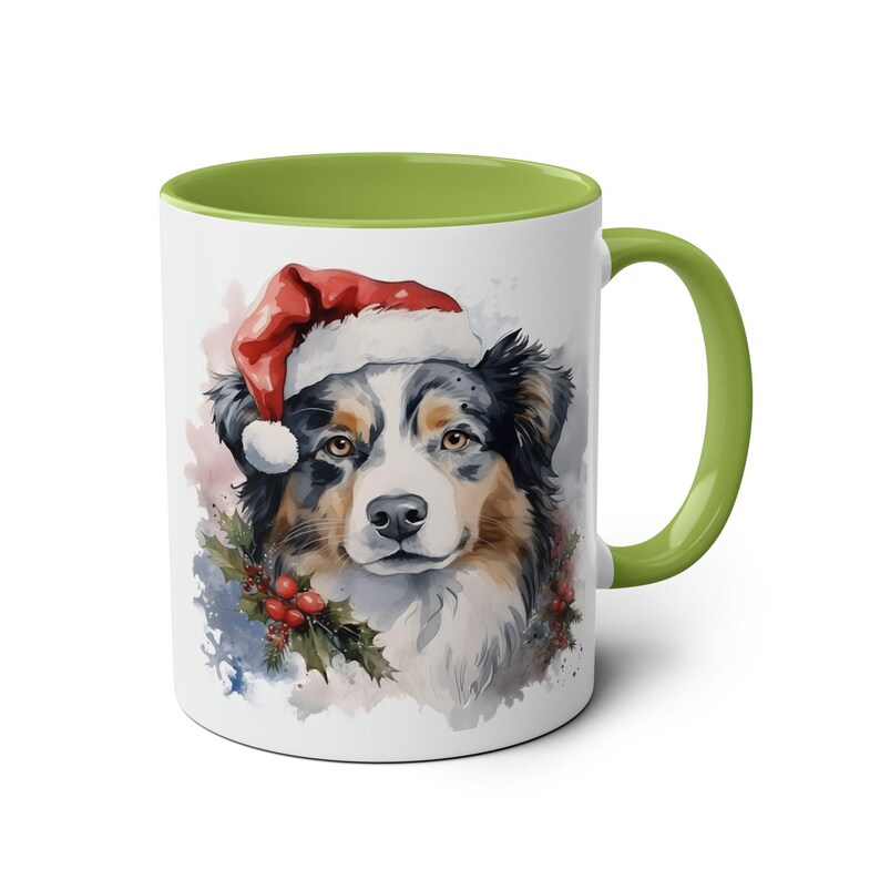 Australian Shepard Dog Christmas Pet 11oz Mug, Holiday Coffee Cup, Christmas Hat Mug, Dog Lover Gift, Animal Ceramic Tea Cup Light Green