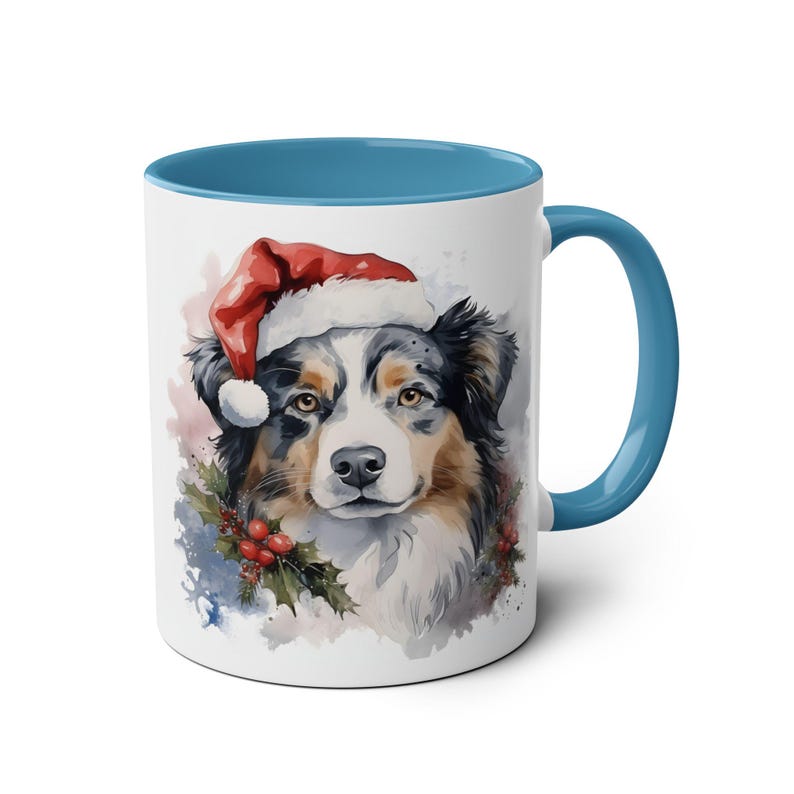 Australian Shepard Dog Christmas Pet 11oz Mug, Holiday Coffee Cup, Christmas Hat Mug, Dog Lover Gift, Animal Ceramic Tea Cup Blue