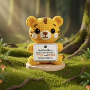 May include: A crocheted yellow tiger with brown stripes and large black eyes holds a sign. The sign reads, "Don't hold back, unleash your inner TIGER and ROAR with confidence." The tiger is sitting on a small, round platform in a grassy area.