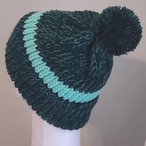 May include: A dark green knit beanie with a light teal stripe and a matching pom-pom. The hat is displayed on a white mannequin head. The beanie is a winter accessory.