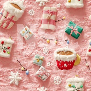 Kerstcadeaudozen en -mokken naadloos patroon vakantie met kerstverlichting | Kerstman warme chocolademelk of koffiemok herhalend kerstpatroon