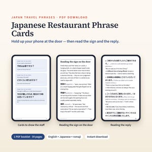 May include: A 39-page PDF digital download titled Japanese Restaurant Phrase Cards. The document features three pages displaying Japanese phrases, English translations, and romaji, designed to help navigate restaurant interactions in Japan.