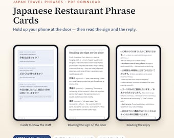 May include: A 39-page PDF digital download titled Japanese Restaurant Phrase Cards. The document features three pages displaying Japanese phrases, English translations, and romaji, designed to help navigate restaurant interactions in Japan.