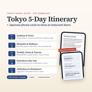 May include: A digital Tokyo 5-Day Itinerary travel guide PDF download featuring a daily schedule from Asakusa to Akihabara. Includes Japanese phrase cards for restaurant doors, transport cost estimates, and walking distances in kilometers and steps.