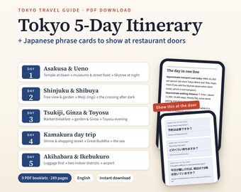 May include: A digital Tokyo 5-Day Itinerary travel guide PDF download featuring a daily schedule from Asakusa to Akihabara. Includes Japanese phrase cards for restaurant doors, transport cost estimates, and walking distances in kilometers and steps.
