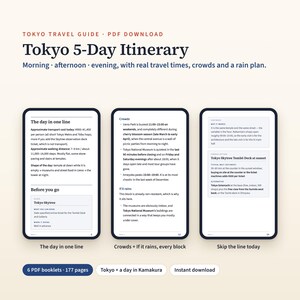 May include: A digital Tokyo travel guide PDF download featuring a 5-day itinerary. The image displays three smartphone screens showing travel details, including daily schedules, crowd information, rain plans, and ticket advice for Tokyo Skytree.