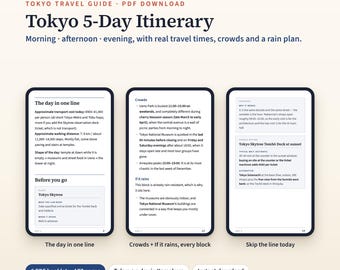 May include: A digital Tokyo travel guide PDF download featuring a 5-day itinerary. The image displays three smartphone screens showing travel details, including daily schedules, crowd information, rain plans, and ticket advice for Tokyo Skytree.