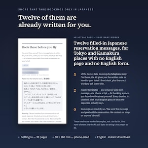 May include: A digital guide featuring twelve pre-written Japanese reservation messages for travelers. The document includes templates for booking restaurants in Tokyo and Kamakura, with English glosses, phone scripts, and instructions for hotel staff.